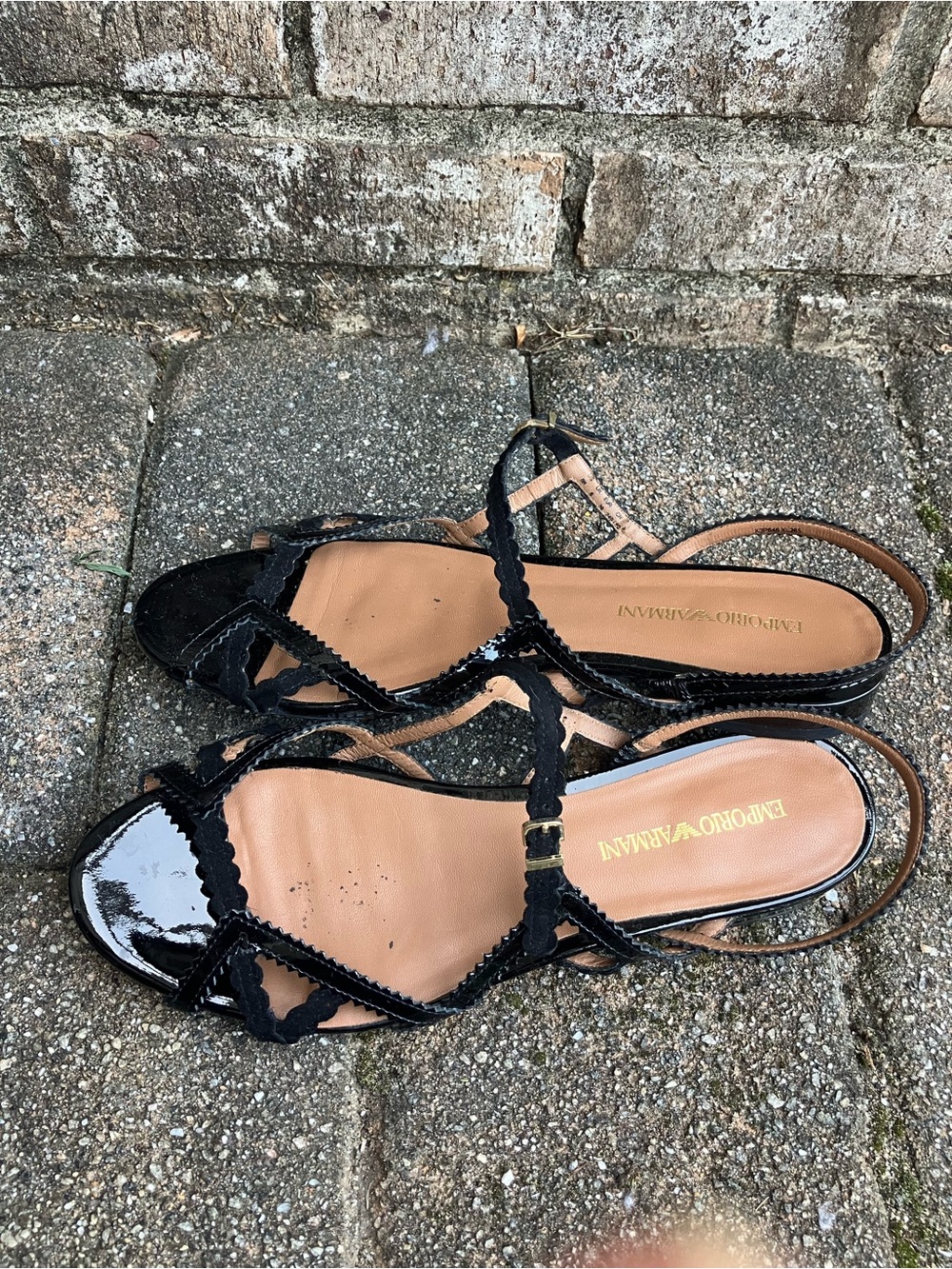 Emporio Armani Black Patent Leather Scalloped Strap Sandals size 8.5